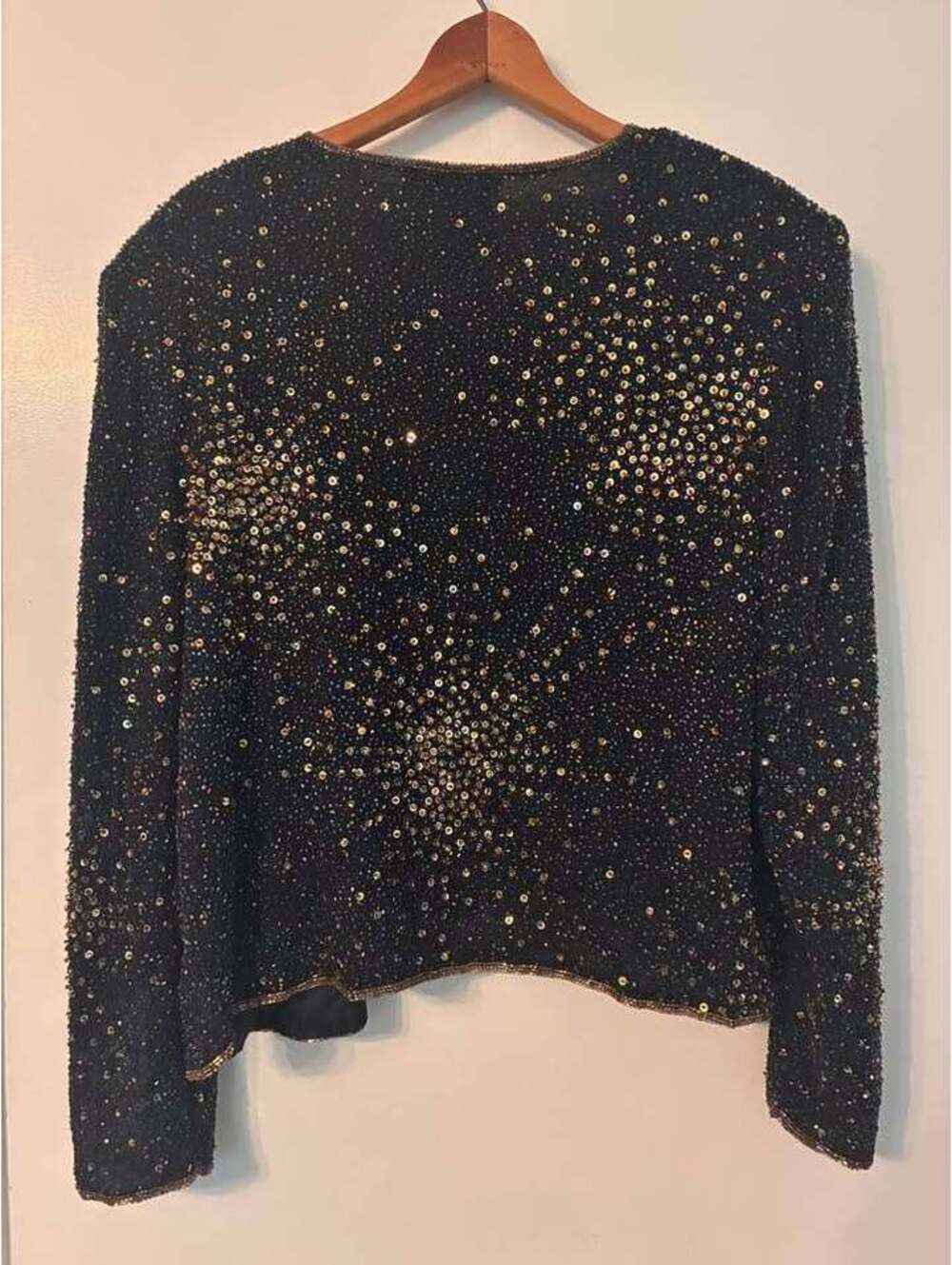 Vintage Papell Boutique Evening Beaded Sequin Silk Jacket XL Black Gold